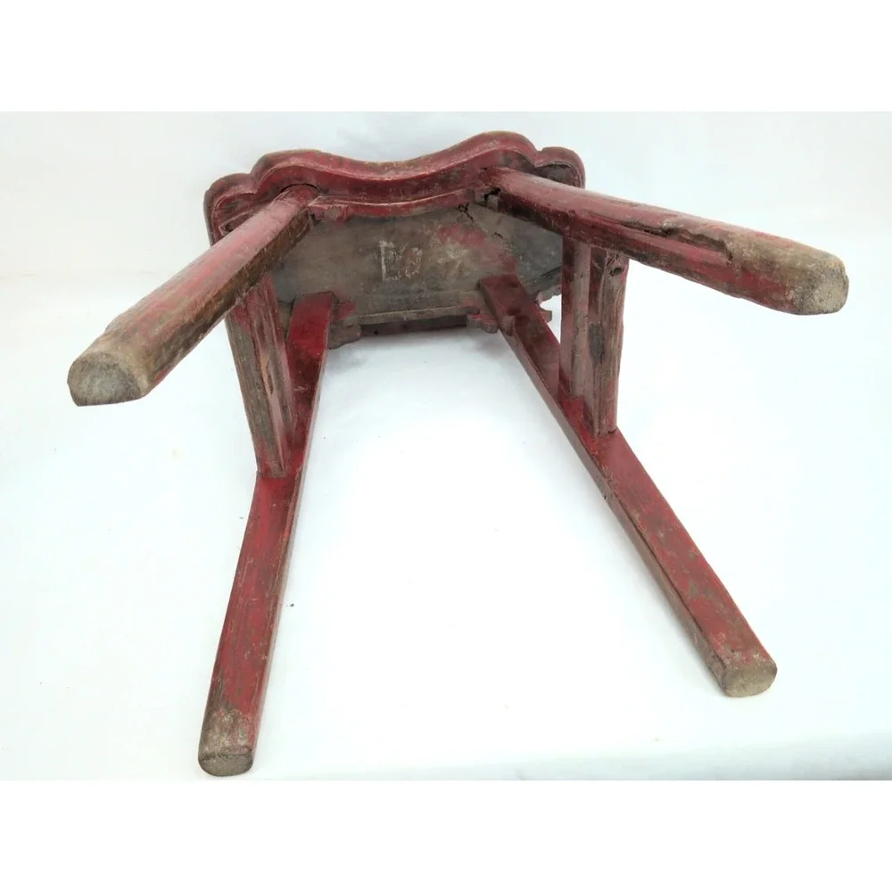 Antique Chinese Elm Red Painted Stool Chair Primitive 1900 Mortise Tenon Bench